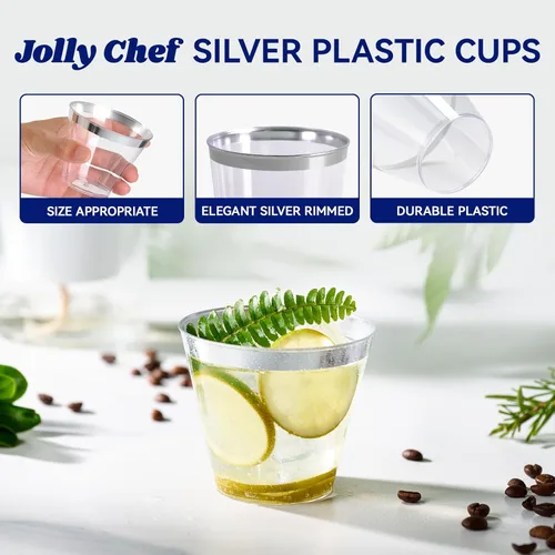 Miniatura 3 de JOLLY CHEF Paquete de 100 vasos de plástico plateado, vasos de plástico transparente de 9 onzas, elegantes vasos con borde plateado, vasos