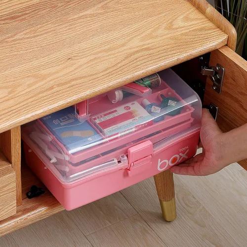 Miniatura 6 de Kinsorcai Caja de almacenamiento de plástico transparente de tres capas de 12 pulgadas con asa, caja de herramientas para manualidades, caja de Rosa