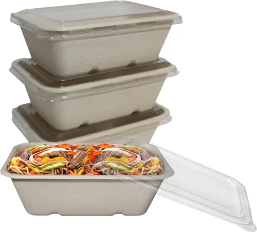 EcoQuality Cuencos desechables de 24 onzas con tapas transparentes, cuencos rectangulares de papel biodegradable de fibra de caña de azúcar Paquete
