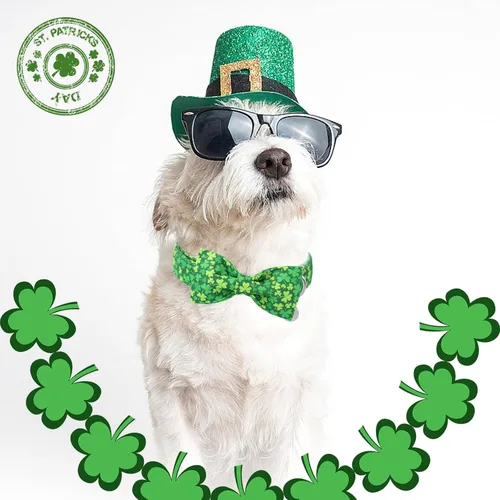 Miniatura 5 de Collar de perro del día de San Patricio con corbatín, collar de lazo de trébol de la suerte ajustable para perros hembras y machos, collares