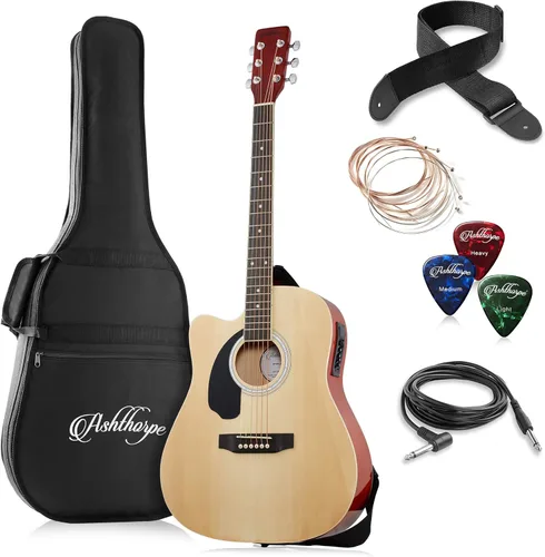 Miniatura 10 de Ashthorpe Paquete de guitarra acústica-eléctrica de tamaño completo para zurdos Dreadnought Cutaway, Tonewoods premium, color negro
