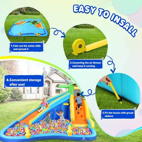 Miniatura 4 de DREAMVAN Tobogán acuático inflable, parque acuático para niños con piscina, pared de escalada, aro de baloncesto, cañón, tobogán acuático de piscina
