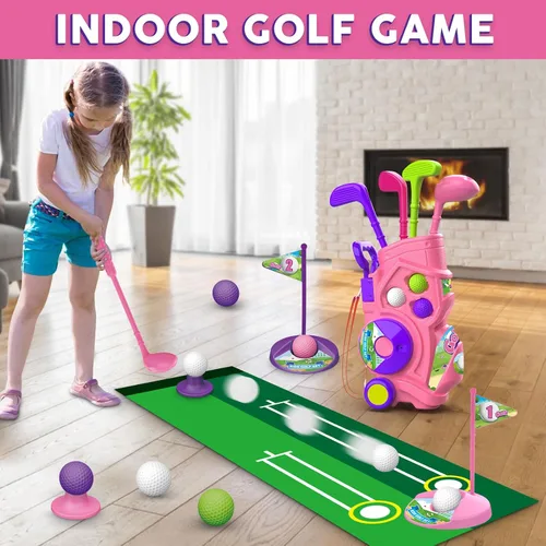 Miniatura 5 de Letapapa Juego de golf para niños pequeños con tapete de puting, 4 palos, 8 bolas, 2 agujeros de práctica para niños de 3 a 5 años, juguetes Rosa