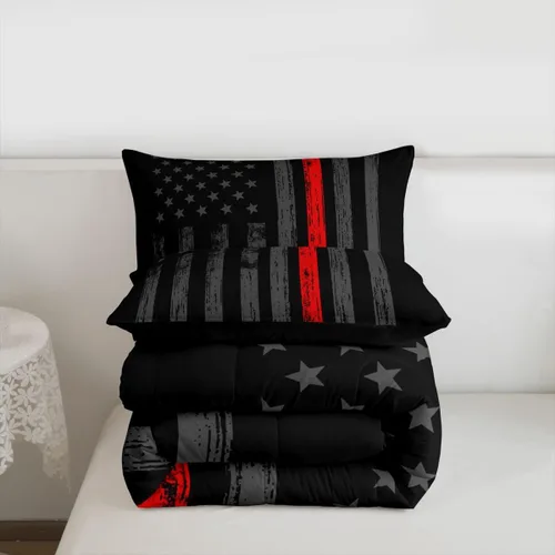 Miniatura 7 de Erosebridal - Juego de edredón con bandera americana tamaño king, juego de ropa de cama negro gris rojo con líneas de bandera, ropa de cama
