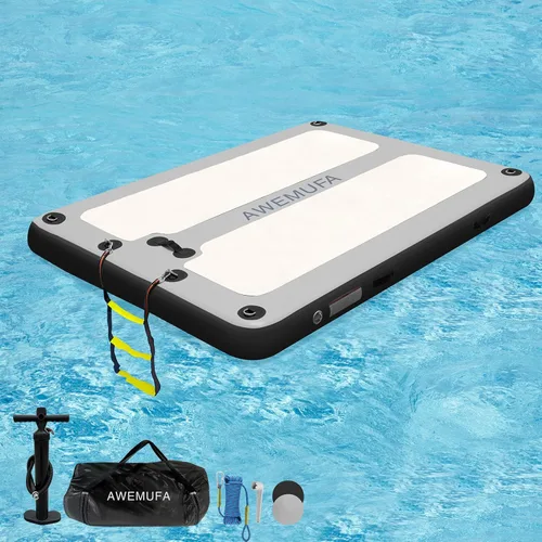 Miniatura 10 de AWEMUFA Muelle flotante inflable con rampa de 5 pies/6 pies/8 pies/10 pies, plataforma flotante flotante, tapete flotante de isla flotante, flotador