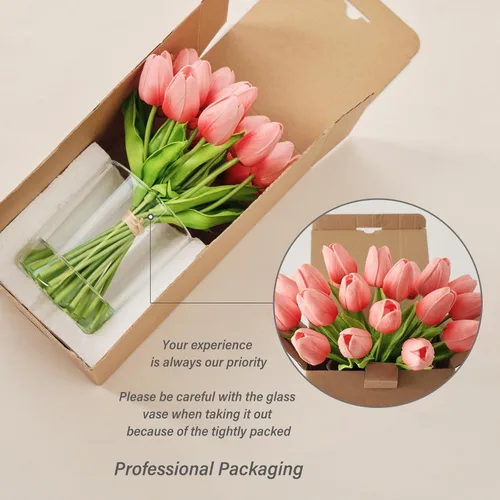 Miniatura 6 de WELL KNOWN 20 piezas tulipanes artificiales en jarrón, tulipanes de color rosa coral de tacto real con jarrón de vidrio y agua falsa, centro de mesa