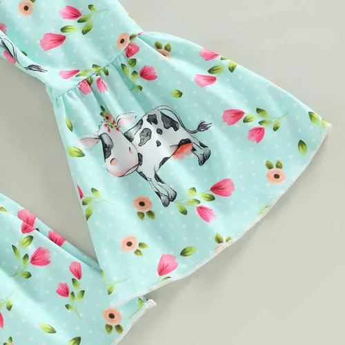 Miniatura 69 de fhutpw Conjunto de camiseta de manga corta con estampado de vaca y pantalones acampanados de dibujos animados para niñas