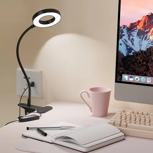 Miniatura 9 de Foneso Lámpara de escritorio con clip, luz de 48 LED, USB, con 3 modos de color, 10 niveles de brillo, protección ocular, cuello de ganso flexible