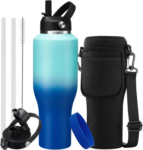 Miniatura 9 de Botella de agua de acero inoxidable de 32 onzas, frío-48 horas y caliente-24 horas, termo con popote y tapas de boquilla, bolsa, botella aislada al