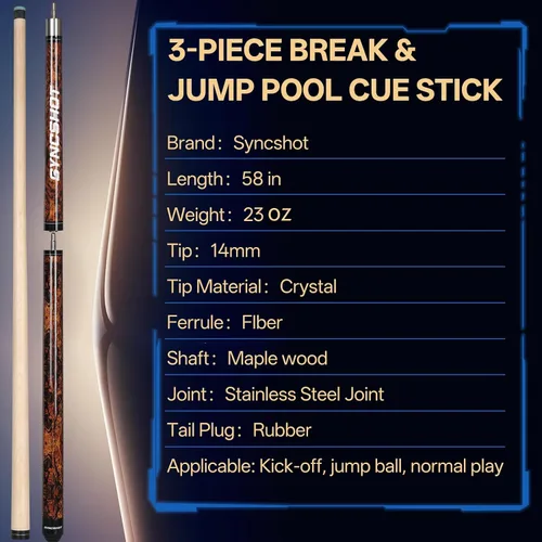 Miniatura 6 de 2 en 1 Heavy Break Jump Cue: 3 piezas Break Cue Pool Stick 58 pulgadas 0.551 in Pro Tips Fas-Grade Maple Wood Jump&Break Palos de taco de piscina