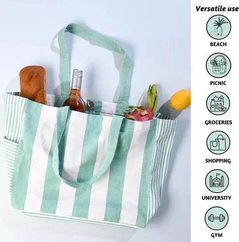 Miniatura 7 de Folkulture Bolsa de playa para mujer 17 x 14 pulgadas - Bolsa de playa 100% algodón con bolsillo con cremallera en el interior, bolsa de piscina