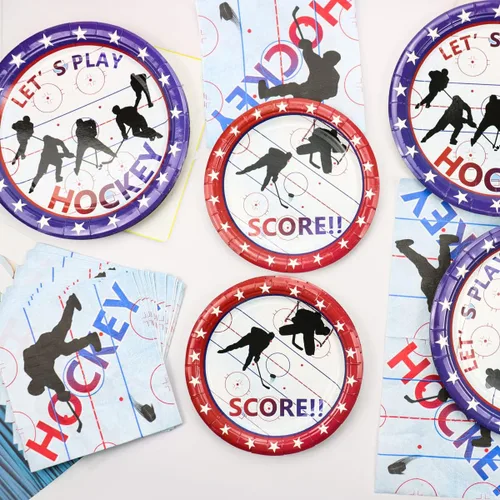 Miniatura 7 de Decoraciones de fiesta de hockey – Suministros para fiestas temáticas de hockey sobre hielo, incluyendo platos llanos de 9 pulgadas, platos