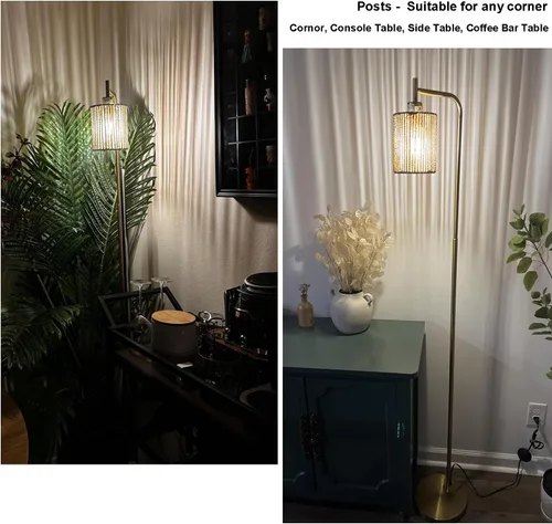 Miniatura 2 de Oneach Lámpara de pie dorada de 66 pulgadas para sala de estar, lámpara de pie bohemia con bombilla LED, interruptor de pie, pantalla de ratán, Oro
