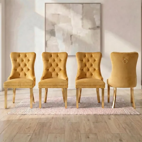 Miniatura 69 de OVENTA Juego de 6 sillas de comedor modernas tapizadas copetudas, sillas de comedor de terciopelo beige cálido con patas de madera maciza, sillas