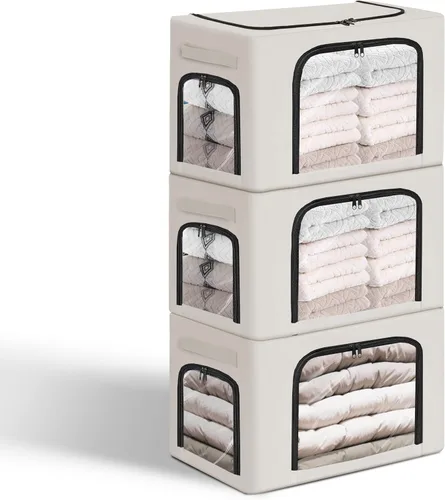GuliPostan Paquete de 3 contenedores apilables de almacenamiento de ropa de 40L con asas de marco de metal y cremallera, caja organizadora plegable