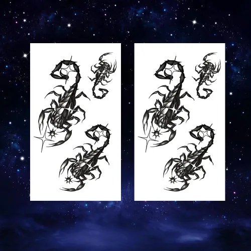 Miniatura 2 de 2 hojas de tatuajes temporales pequeños de escorpión para adultos, tatuajes falsos de escorpión negro, arte corporal impermeable de larga duración