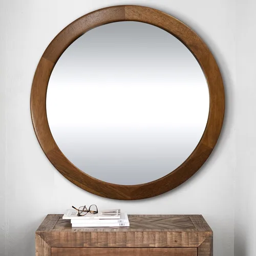 CULER Espejo Redondo de 36 Pulgadas, Espejo de Pared Templado Rústico de Baño con Marco de Madera de Nogal, Espejos Circulares de Madera Estilo