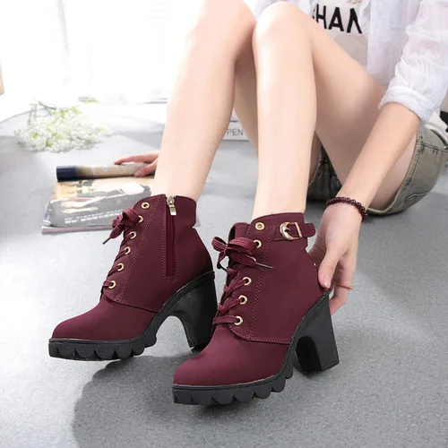 Miniatura 4 de HINDOLA Botas de tacón alto para mujer, botas de tacón alto con cordones, plataforma con cordones, tacón alto