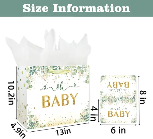 Miniatura 2 de Bolsa de regalo grande de 13" para bebé niño o niña para baby shower o cumpleaños con asa, papel de seda y tarjeta de felicitación (13" Verde)