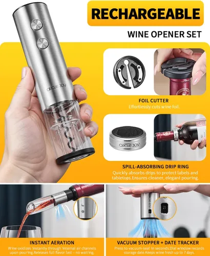 Miniatura 3 de CIRCLE JOY Abrevino eléctrico recargable 5 en 1 acero inoxidable juego de regalo de vino con cortador de aluminio, vertedor aireador de vino, anillo