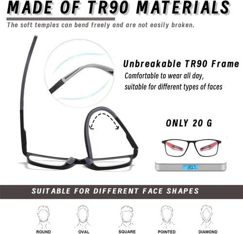 Miniatura 3 de Hubeye TR90 Gafas de lectura deportivas para hombres y mujeres, ultraligeras, flexibles, anti-luz azul (+1.25)