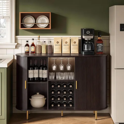Miniatura 4 de DHH Gabinete de bar de vino de 55 pulgadas con almacenamiento, licor estriado y barra de café con estante para vino y soporte para vidrio, aparador
