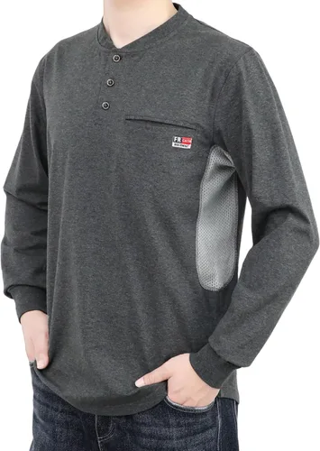 Miniatura 11 de BOCOMAL Camisas FR para verano, transpirable, diseño ventilado, 6 onzas, jaspeado, camiseta de manga larga, Henley, resistente al fuego, camisa