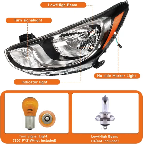 Miniatura 3 de Para 2012 2013 2014 Hyundai Accent (8 pines) Conjunto de faros halógenos izquierdo lado del conductor carcasa negra lente transparente sin DRL