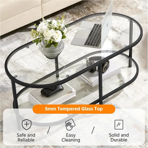 Miniatura 5 de Yaheetech Mesa de centro de cristal, pequeña mesa central negra con estante de almacenamiento para sala de estar, espacio pequeño, apartamento