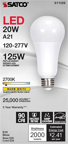 Miniatura 2 de Satco S11329 - Bombilla LED omnidireccional A21 de repuesto de 20 W, 125 W, 2700 K, color blanco