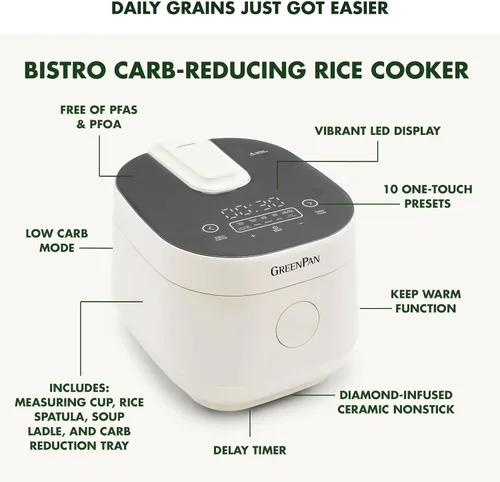 Miniatura 4 de Arrocera GreenPan, 8 tazas cocidas (4 sin cocer), modo bajo en carbohidratos y sopa, 10 ajustes de cocción de un toque, cesta de vapor de cerámica