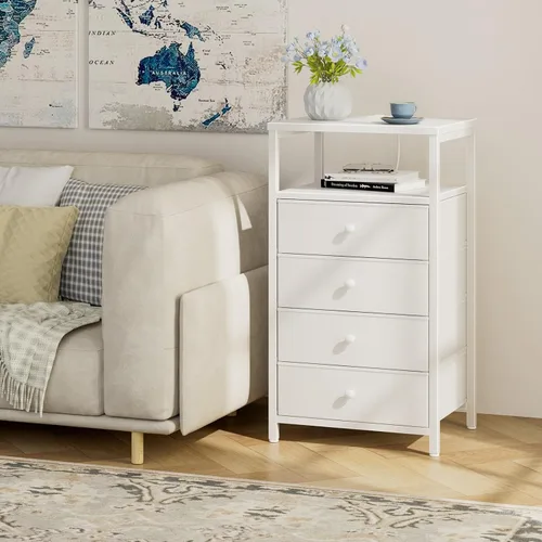 Miniatura 4 de BOLUO Cómoda alta con cajones, mesita de noche blanca con estación de carga y luz LED, cómoda pequeña de 4 cajones en blanco para dormitorio
