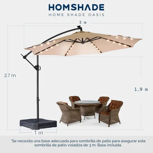 Miniatura 8 de HOMSHADE - Sombrilla de patio de 10 pies con luces solares, voladiza, con luz y base, sombrilla colgante para exteriores con protección UV UPF50+
