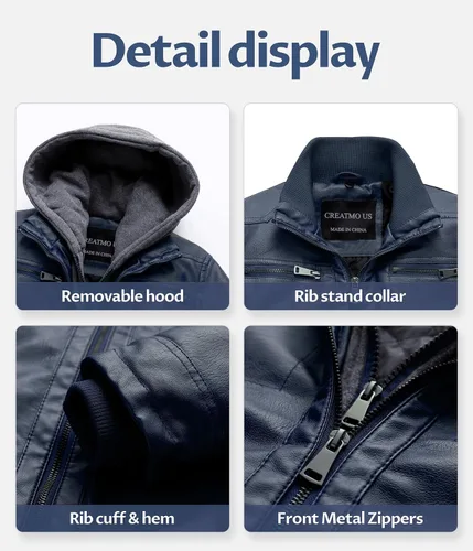 Miniatura 5 de CREATMO US Chaqueta de piel sintética para hombre, impermeable, resistente al viento, PU con capucha extraíble