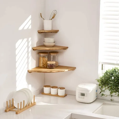 Miniatura 5 de Estantes esquineros para montaje en pared, estantes flotantes de madera de roble de 10 pulgadas, juego de 2 estantes pequeños de extremo redondo