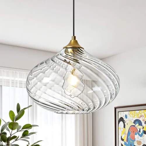 Miniatura 17 de Glass Pendant Lights Kitchen Island, 11'' Brass Gold Pendant Lighting Fixtures, Modern Hanging Ceiling Light with Striped Clear Glass Shade for