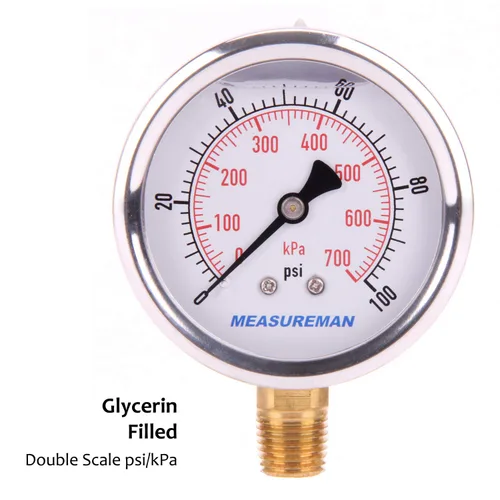 Miniatura 3 de MEASUREMAN - Manómetro de presión 1/4 NPT, manómetro de presión lleno de glicerina 0-100psi/kPa con esfera de 2.5 pulgadas y caja de acero