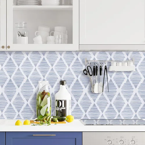 Miniatura 4 de WENMER Papel tapiz geométrico para despegar y pegar de 17.3 x 118 pulgadas, papel tapiz de rayas azules y blancas, papel de contacto geométrico