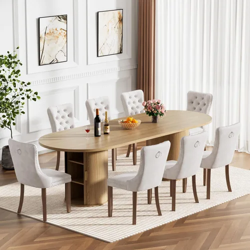 Miniatura 24 de Mesa de comedor redonda extensible de 94 pulgadas con base de almacenamiento, mesa de comedor expandible natural para 10, mesa de comedor de madera