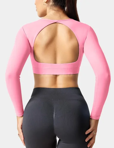 Miniatura 3 de YEOREO Top corto de entrenamiento definitivo para mujer, manga larga, espalda abierta, brasier acolchado, espalda descubierta, yoga, gimnasio, tops
