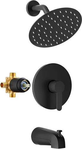 Esnbia Juego de grifo de ducha negro mate, cabezal de ducha de lluvia de 8 pulgadas, juego de grifo de ducha de bañera con un solo mango y boquilla
