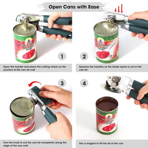 Miniatura 4 de Beneno Abrelatas manual resistente con imán, hoja de acero al carbono afilada duradera, corte suave, gran perilla de ahorro de esfuerzo y mango