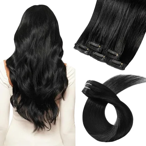 Extensiones de cabello humano real con broches, doble trama, grueso, sedoso, largo, lacio, 14 pulgadas, negro azabache, 1.06 oz, 5 unidades,