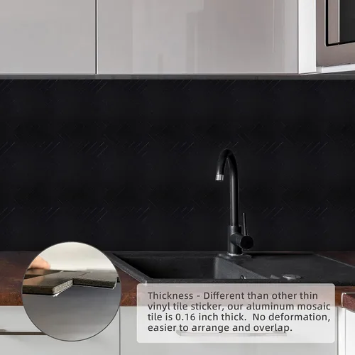 Miniatura 3 de Azulejos para Salpicadero de Cocina de 6 Hojas Despegar y Pegar, Panel Compuesto de Aluminio con Patrón Espiga Negro, Azulejos Adhesivos para Pared
