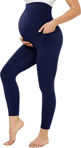 TNNZEET Leggings de maternidad sobre el vientre con bolsillos, pantalones negros de entrenamiento para yoga y embarazo