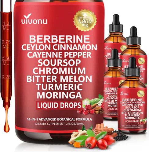 Gotas líquidas de suplemento de Berberina 14 en 1 con canela de Ceilán, 1800mg + tecnología liposomal 30:1 con pimienta de cayena, guanábana, cromo,