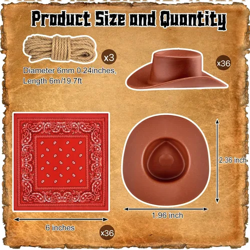 Miniatura 2 de Mototo 36 juegos de accesorios de fiesta de vaquero occidental, mini sombrero de vaquero occidental y mini bandanas, lindo sombrero de muñeca