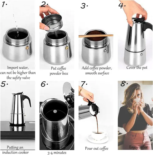 Miniatura 7 de Cafetera de café expreso, cafetera portátil de acero inoxidable, cafetera expreso, clásica para el hogar, la oficina (3.3 fl oz)