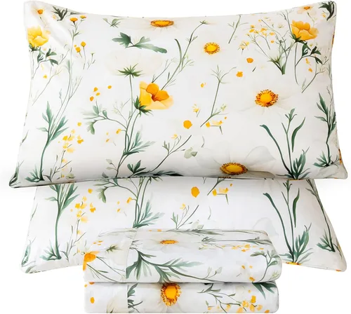 Miniatura 22 de QSH Juego de sábanas tamaño King con estampado floral - Estampado botánico de flores verdes, pájaros y mariposas, ropa de cama de algodón egipcio