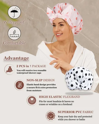 Miniatura 3 de 2 piezas de gorras de ducha para mujer, gorras de ducha reutilizables impermeables para el cabello con moño ajustable, lujosa gorra de baño